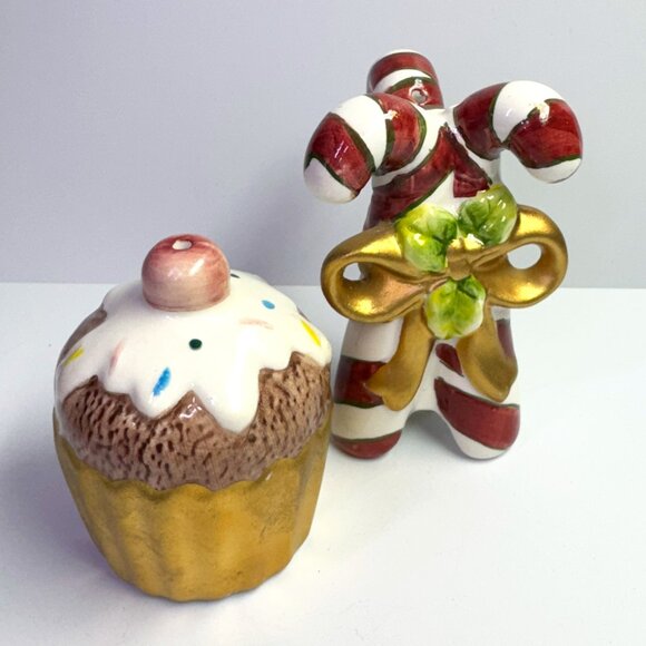 Vintage Ceramic Christmas Salt and Pepper Shakers Cupcake and Candy Cane - Picture 1 of 4